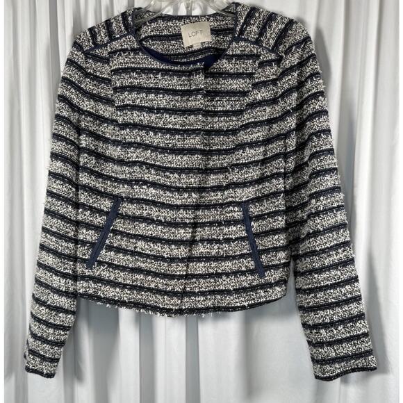Ann Taylor Loft Tweed Blazer Jacket Navy Blue White 6 Preppy Workwear 89-10 - Picture 11 of 14